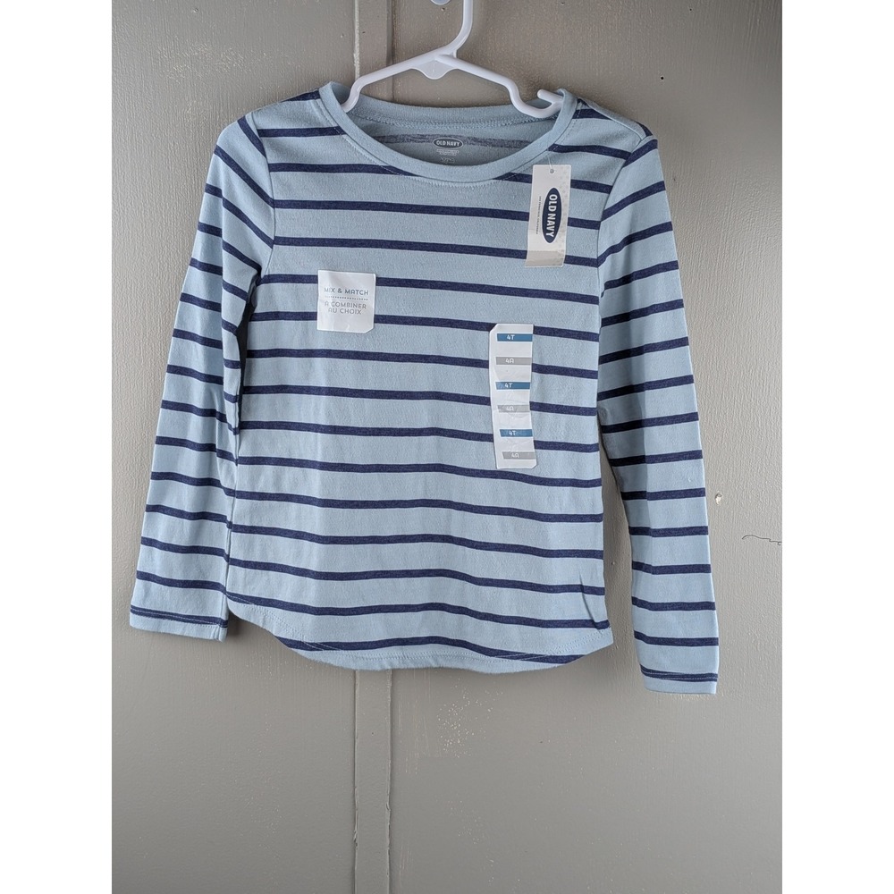 Old Navy Kids 4T Long Sleeve Striped Tee Light Blue Navy Crew Neck Shirt NWT